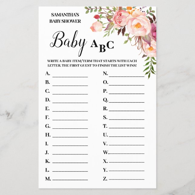 Pink Baby ABC bilingual baby shower game card (Front)