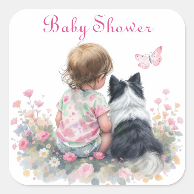 Pink Baby and Puppy Baby Shower Square Sticker (Front)