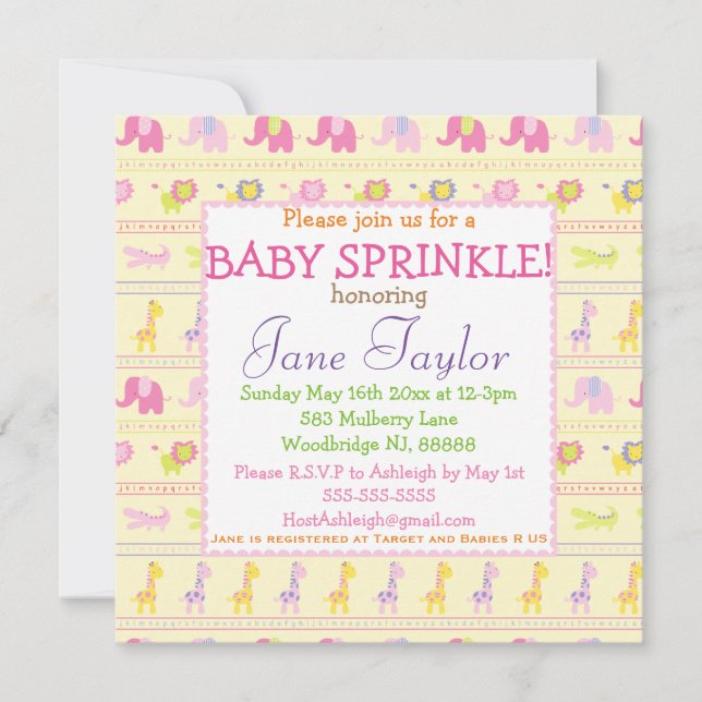 Pink Baby Animals Baby Sprinkle Invitations (Front)