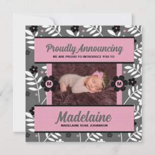 Pink Baby Announcement in Floral with Baby Photo