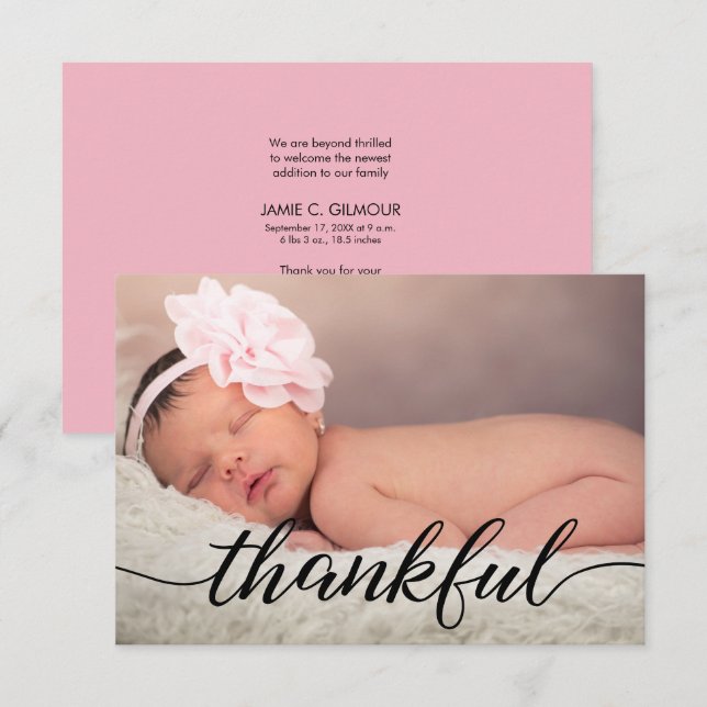Pink Baby Announcement Thankful Script, black type (Front/Back)