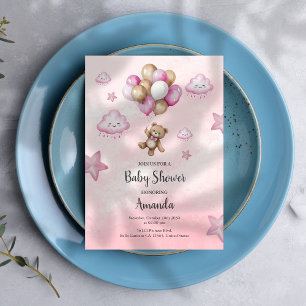 Pink Baby Bear Ballons Cute Baby Shower Invitation