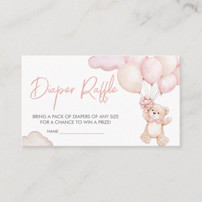 Pink Baby Bear Balloon Baby Shower Diaper Raffle Enclosure Card (Front)