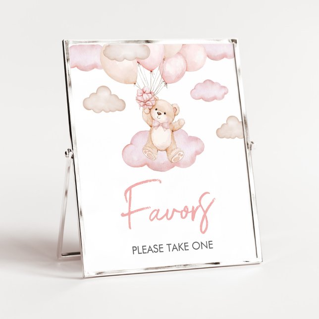 Pink Baby Bear Balloon Baby Shower Favours Poster (Pink Baby Bear Balloon Baby Shower Favors Sign)