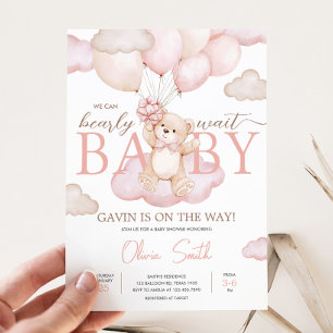 Pink Baby Bear Balloon Baby Shower Invitation