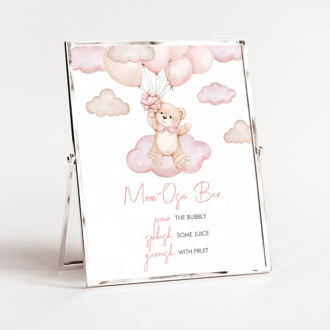 Pink Baby Bear Balloon Baby Shower Mum Osa Bar Poster (Pink Baby Bear Balloon Baby Shower Mom Osa Bar Sign)