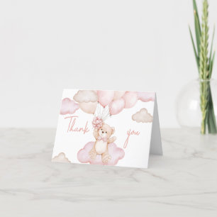 Pink Baby Bear Balloon Baby Shower Thank You Card
