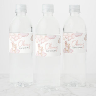 Pink Baby Bear Balloon Baby Shower Water Bottle Label