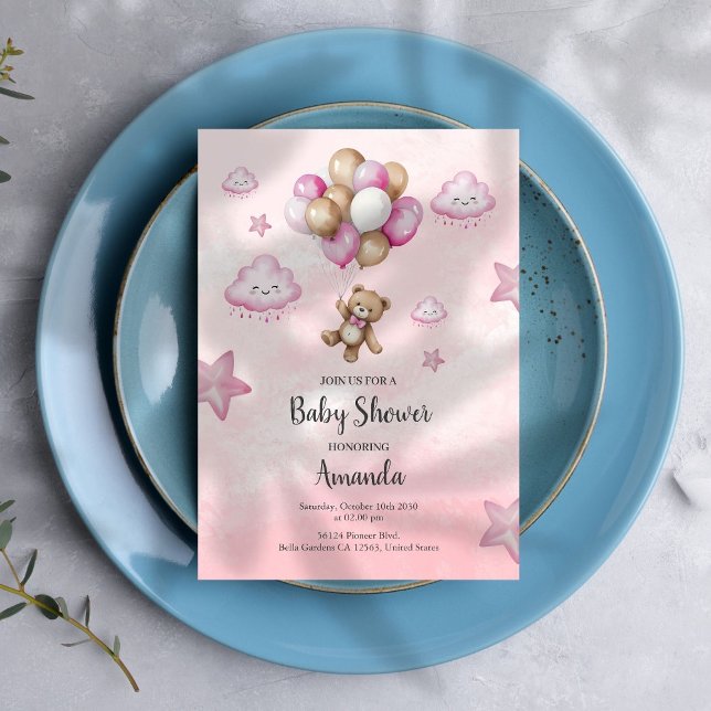 Pink Baby Bear Balloon Girl Baby Shower Invitation (Creator Uploaded)