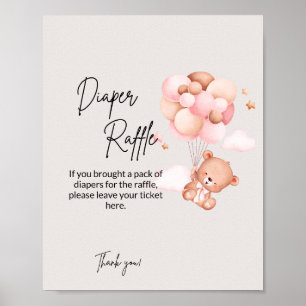 Pink Baby Bear & Balloons Diaper Raffle Poster