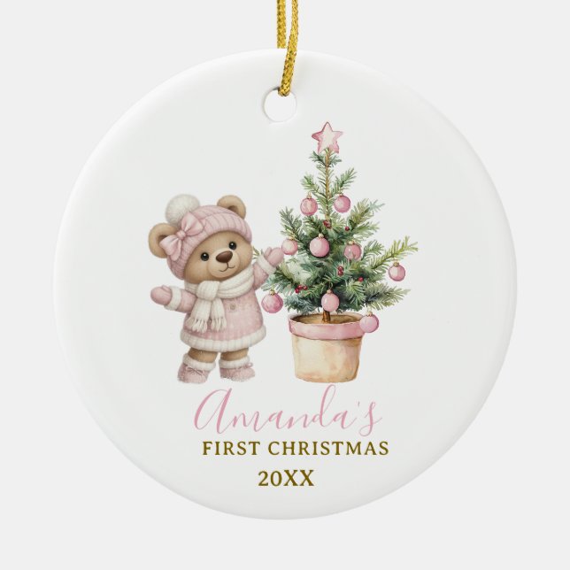 Pink Baby Bear First Christmas Keepsake Ceramic Ornament (Front)