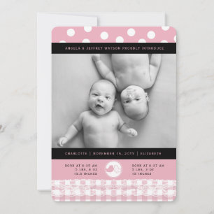 Pink Baby Birds Lace Twin Girls Birth Announcement