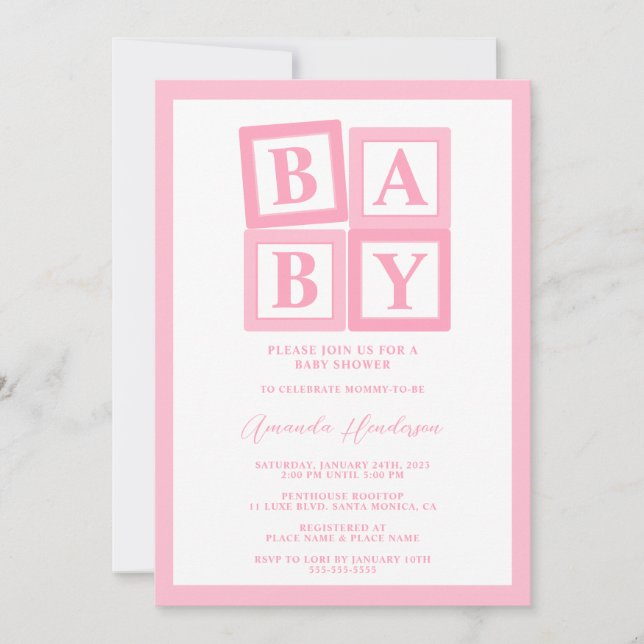 Pink Baby Blocks Girl Baby Shower Invitation (Front)