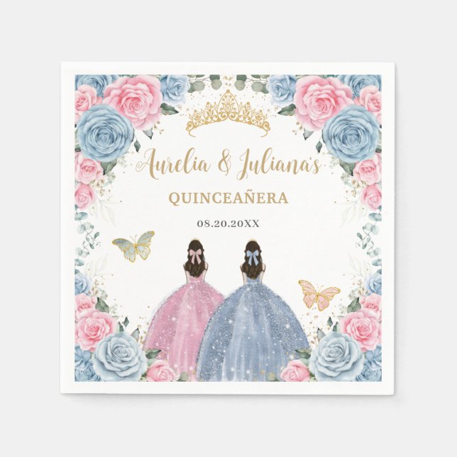 Pink Baby Blue Floral Princesses Twins Quinceañera Napkin (Front)