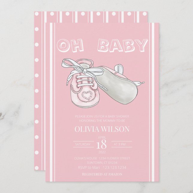 Pink Baby Bootie Watercolor Baby Shower Invitation (Front/Back)