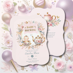 Pink Baby Brewing Tea Party Shower Floral Brunch   Invitation