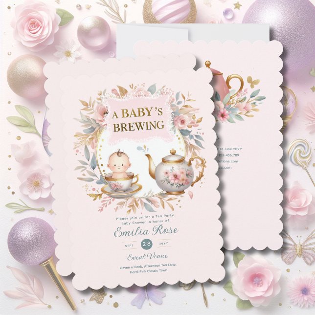 Pink Baby Brewing Tea Party Shower Floral Brunch Invitation (Creator Uploaded)