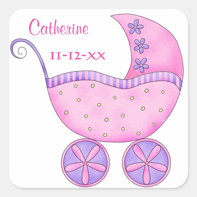 Pink Baby Buggy Boy Name Birth Date Announcement Square Sticker (Front)