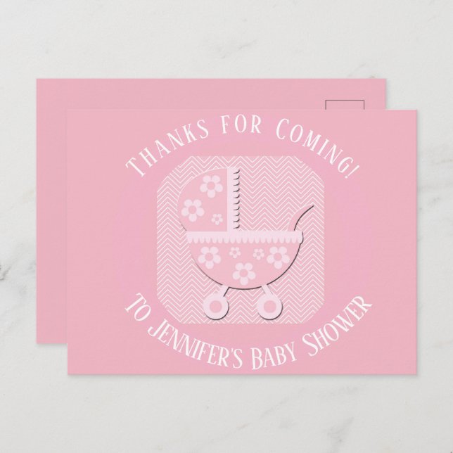 Pink Baby Buggy Girl Shower Thank You Postcard (Front/Back)