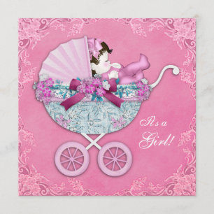 Pink Baby Carriage Baby Girl Shower Invitation