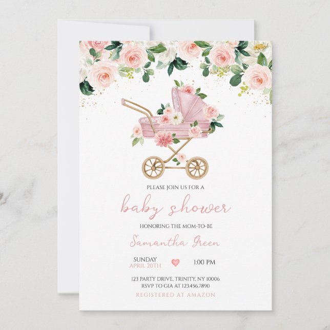 Pink Baby Carriage Baby Shower Invitation (Front)