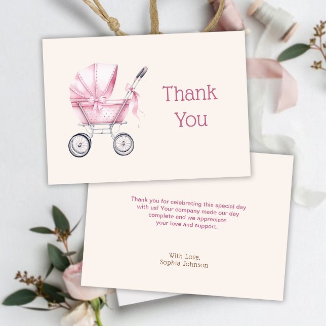 Pink Baby Carriage Baby Shower Thank You Card (Creator Uploaded)