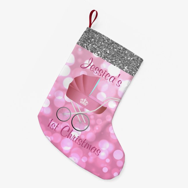 Pink Baby Carriage Bokeh Silver Faux Glitter Small Christmas Stocking (Front (Hanging))