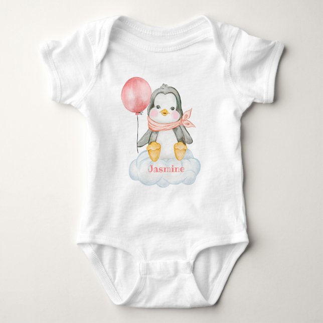 Pink Baby Cartoon Penguin And Cloud Personalised Baby Bodysuit (Front)