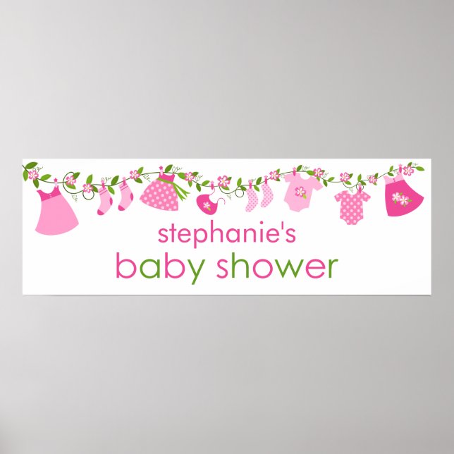 Pink Baby Clothesline Baby Shower Banner Poster (Front)