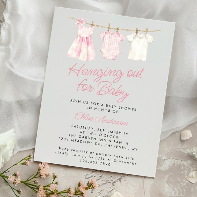 Pink Baby Clothesline Cute Rustic Girl Baby Shower Invitation (Creator Uploaded)