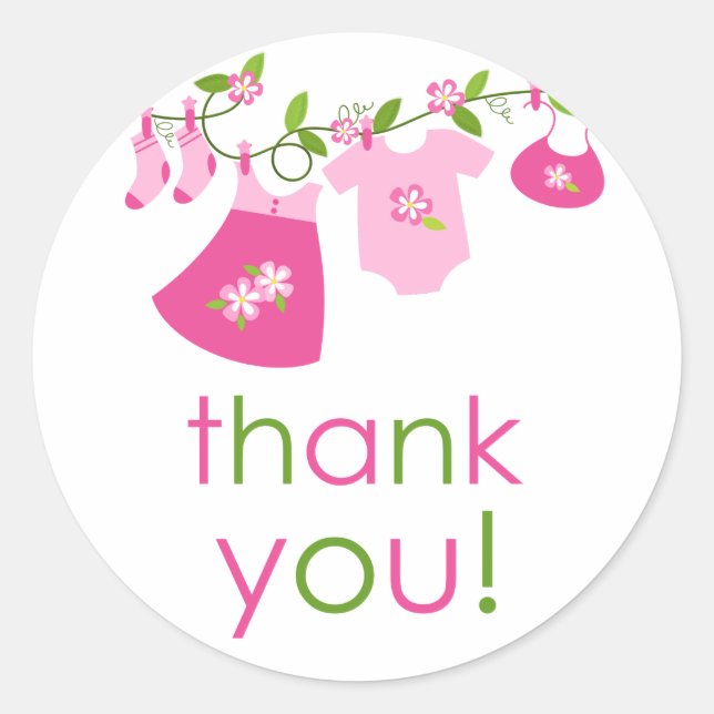 Pink Baby Clothesline Thank You Sticker (Front)