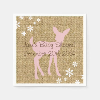 Pink Baby Deer and Snowflakes Burlap Napkins