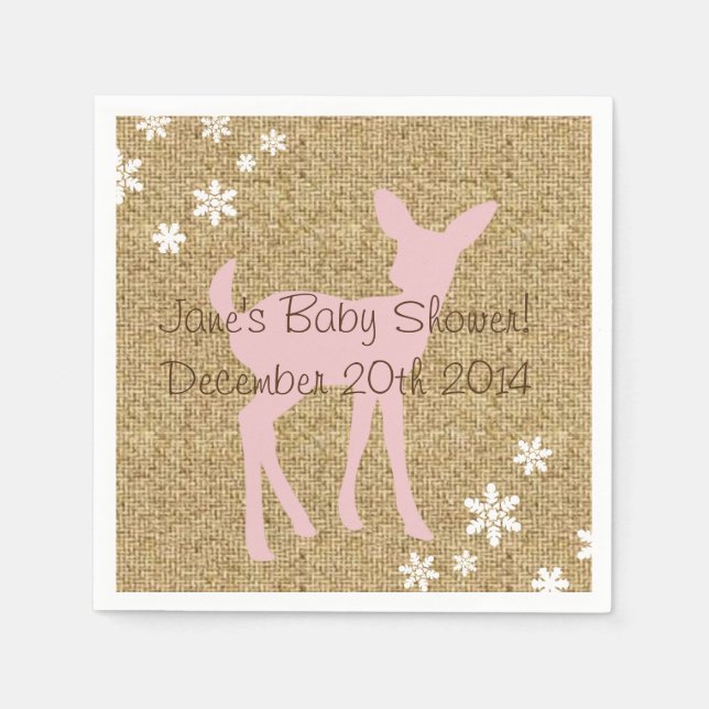 Pink Baby Deer and Snowflakes Burlap Napkins (Front)