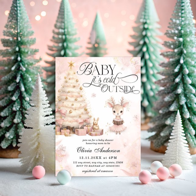 Pink Baby Deer Baby it's Cold Outside Baby Shower Invitation (Creator Uploaded)