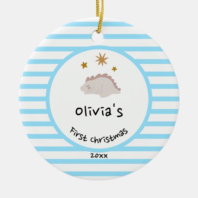 Pink Baby Dino | First Christmas Baby Blue Stripe Ceramic Ornament (Front)