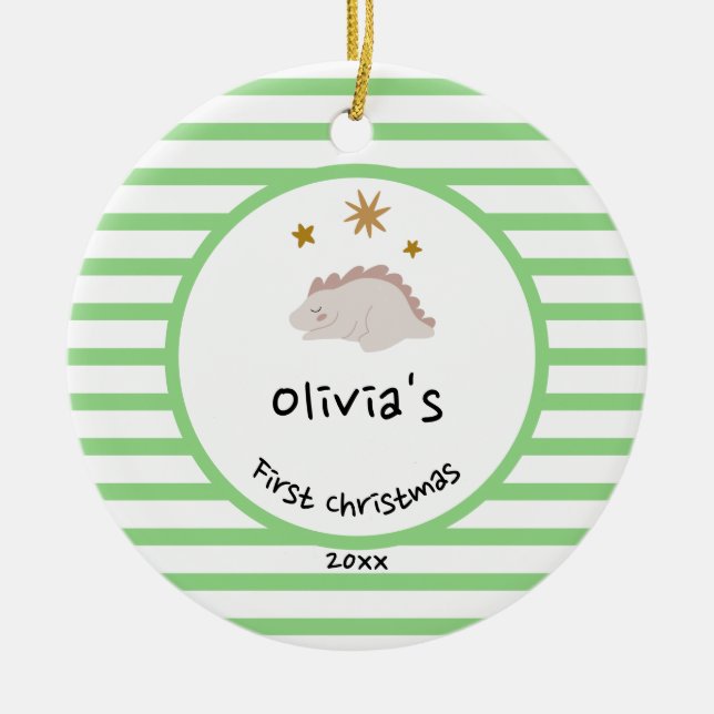 Pink Baby Dino | First Christmas Green Stripe Ceramic Ornament (Front)