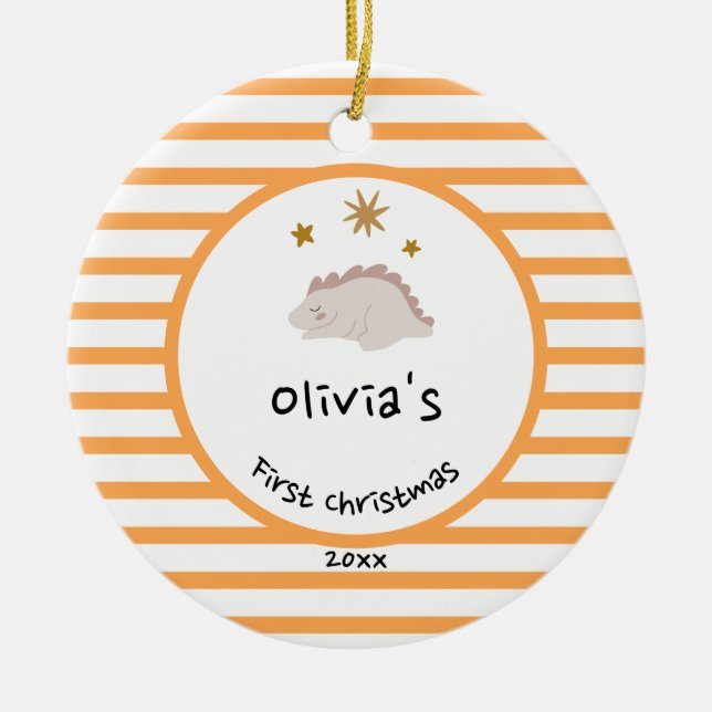Pink Baby Dino | First Christmas Orange Stripe Ceramic Ornament (Front)