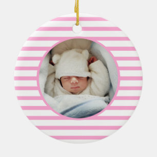 Pink Baby Dino First Christmas Pink Stripe Chic Ceramic Ornament