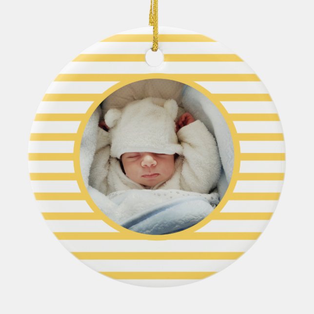 Pink Baby Dino | First Christmas Yellow Stripe Ceramic Ornament (Back)