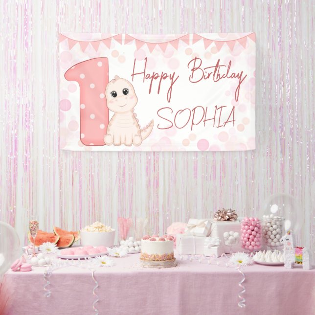 Pink baby dinosaur 1st birthday party personalised banner (Party)