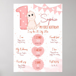 Pink baby dinosaur first birthday milestone board poster