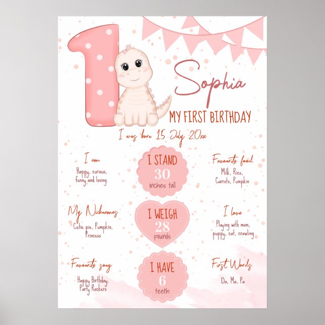 Pink baby dinosaur first birthday milestone board poster (Front)