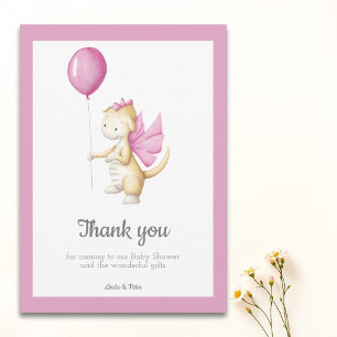 Pink Baby Dragon with Balloon Girl Baby Shower Thank You Card