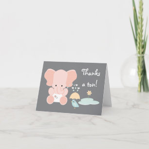 Pink Baby Elephant and Bird Baby Shower Thank You Card