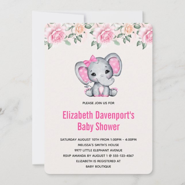 Pink Baby Elephant and Roses Border Baby Shower Invitation (Front)