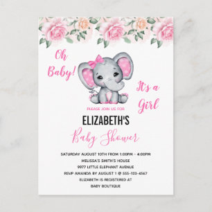 Pink Baby Elephant and Roses Border Baby Shower Invitation Postcard