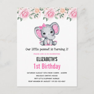 Pink Baby Elephant and Roses Border Birthday Invitation Postcard