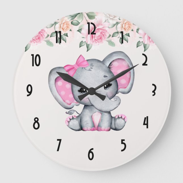 Pink Baby Elephant and Roses Border Large Clock (Front)