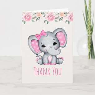 Pink Baby Elephant and Roses Border Thank You Card