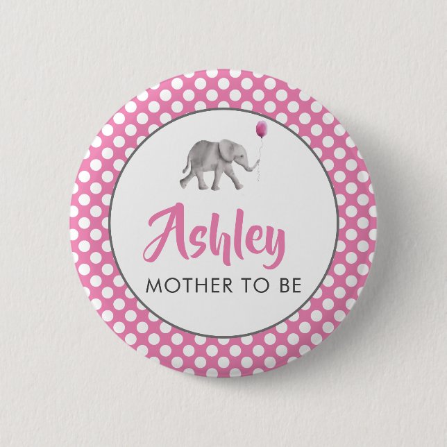 Pink Baby Elephant Baby Shower Name Tag Pin (Front)